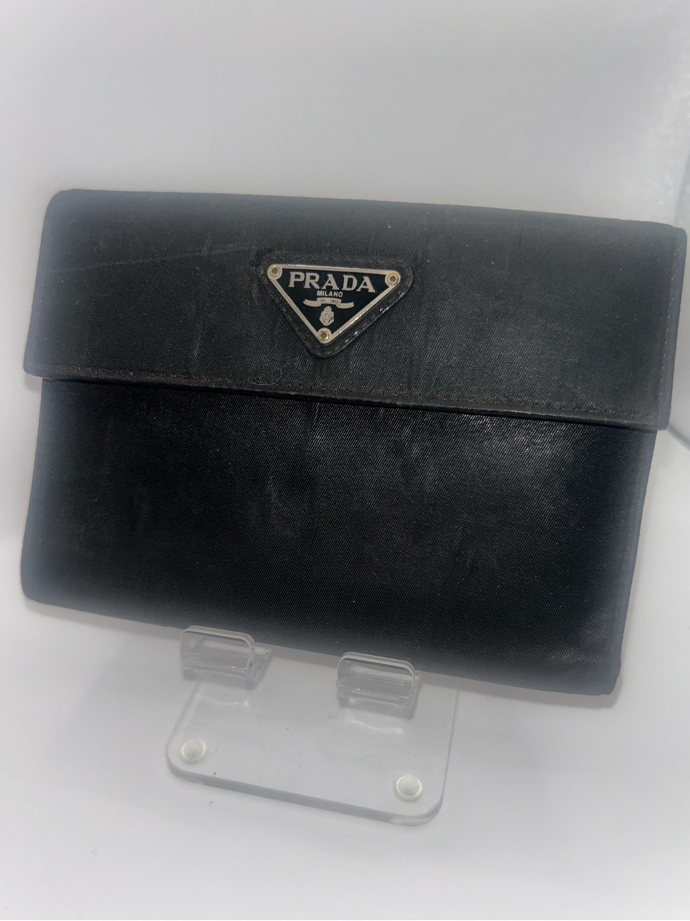 Prada Vintage Black Tessuto Nylon Saffiano Leather Trifold Wallet